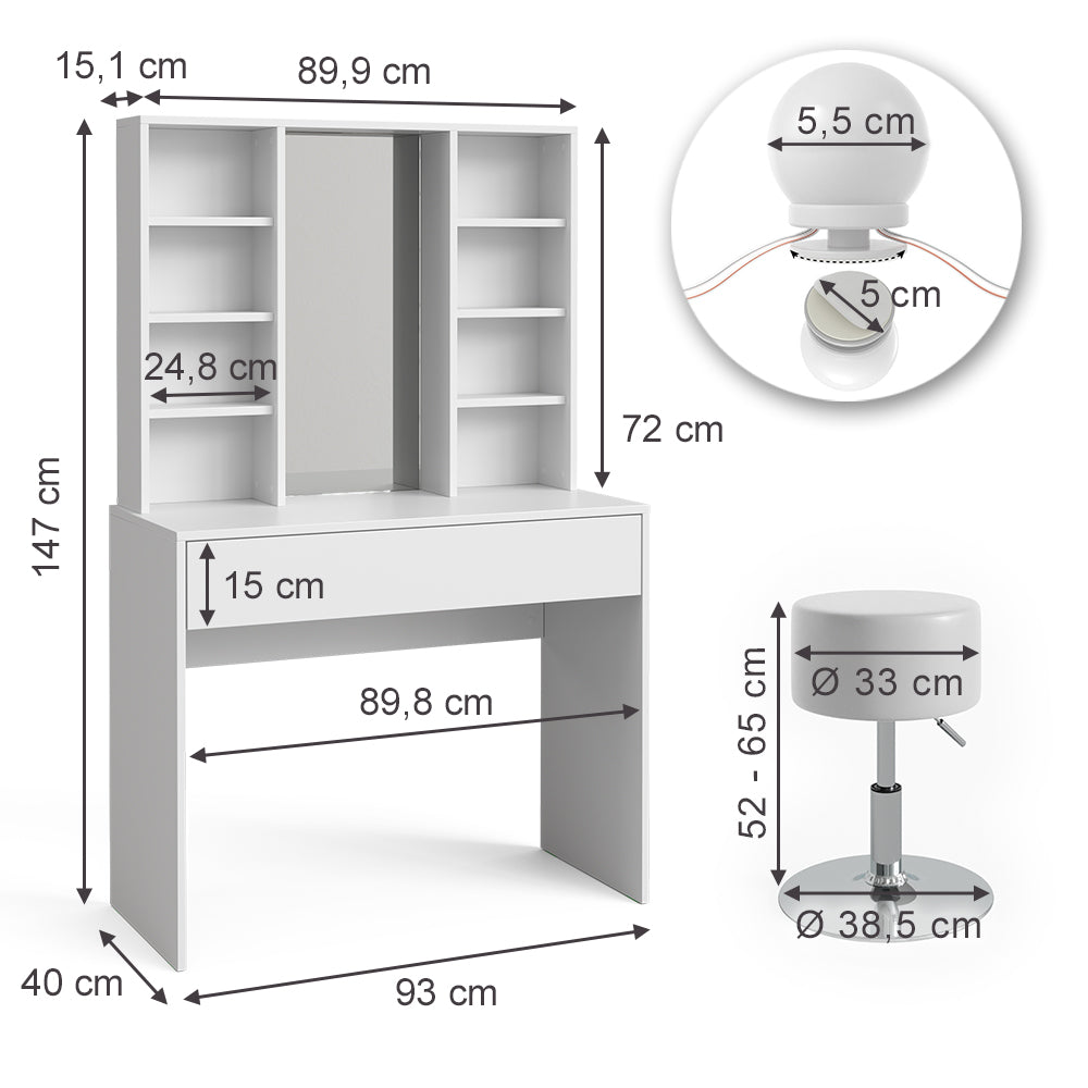Vicco Tavolo da toeletta Bianco 93 cm con illuminazione LED e sgabello