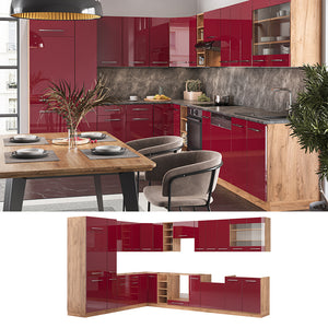 Vicco Cucina angolare completa Bordeaux lucido/rovere dorato 347 x 257 cm , PL Marmo