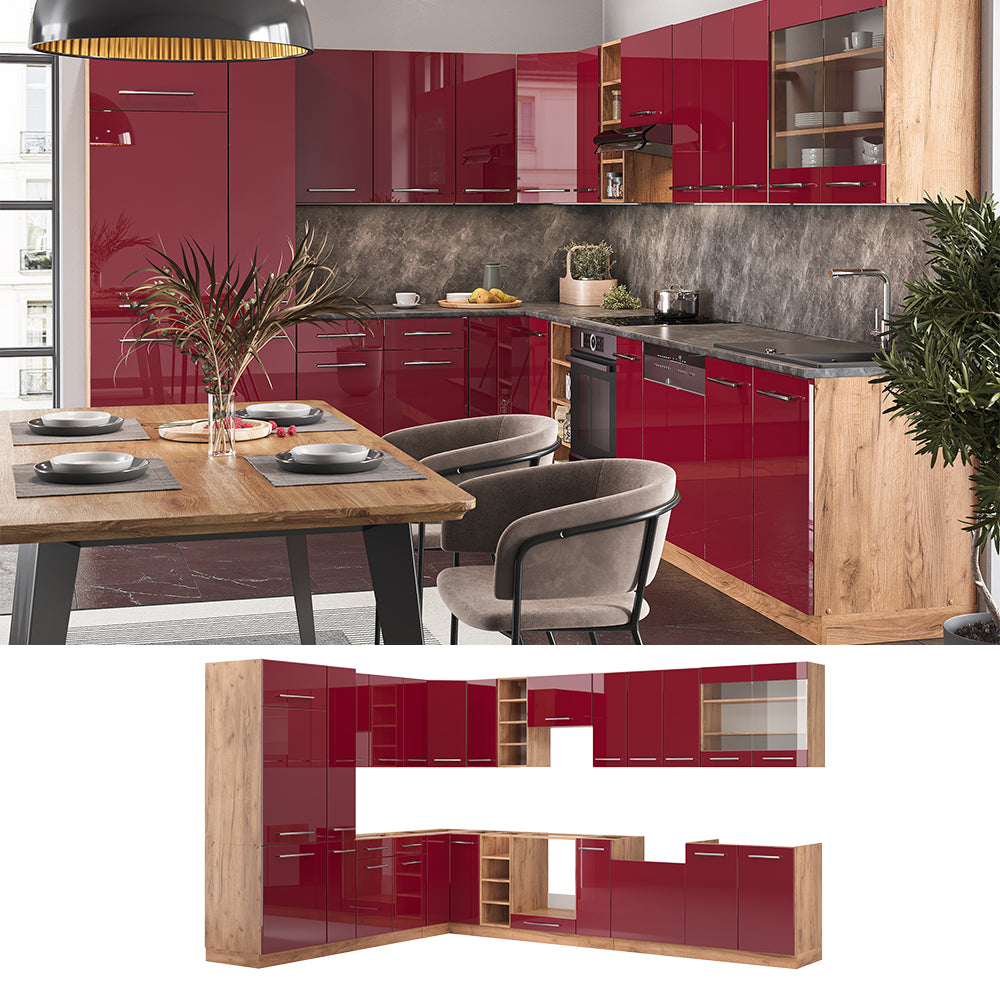 Vicco Cucina angolare completa Bordeaux lucido/rovere dorato 347 x 257 cm , PL Rovere
