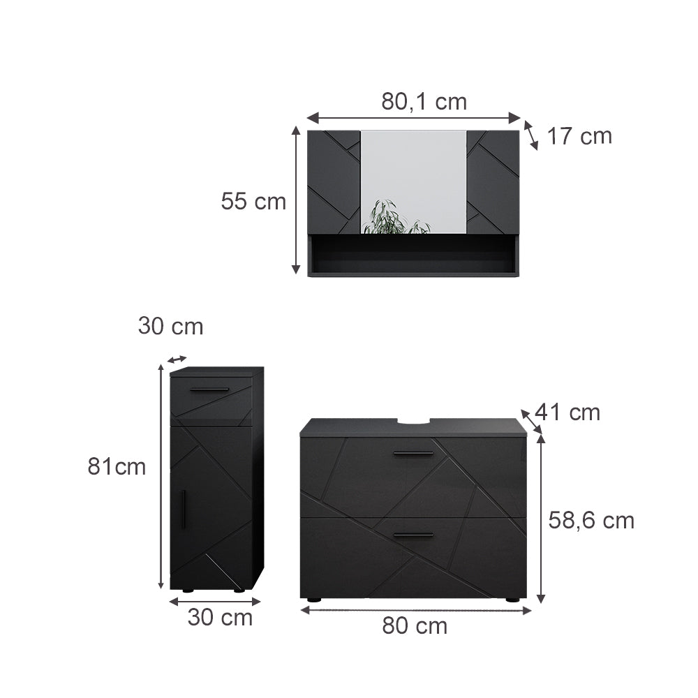 Vicco Set mobili bagno Antracite lucido 3 parti, con cassettiera e mobile midi