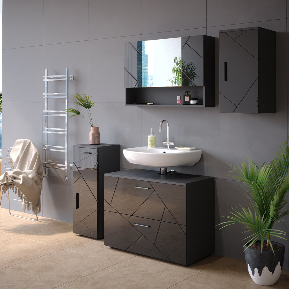Vicco Set mobili bagno Antracite lucido 3 parti, con cassettiera e mobile midi