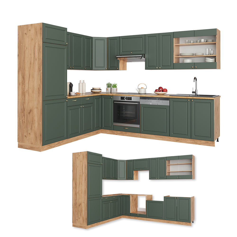 Vicco Cucina angolare completa Quercia verde-oro Country/oro Power 227 x 287 cm , PL Marmo