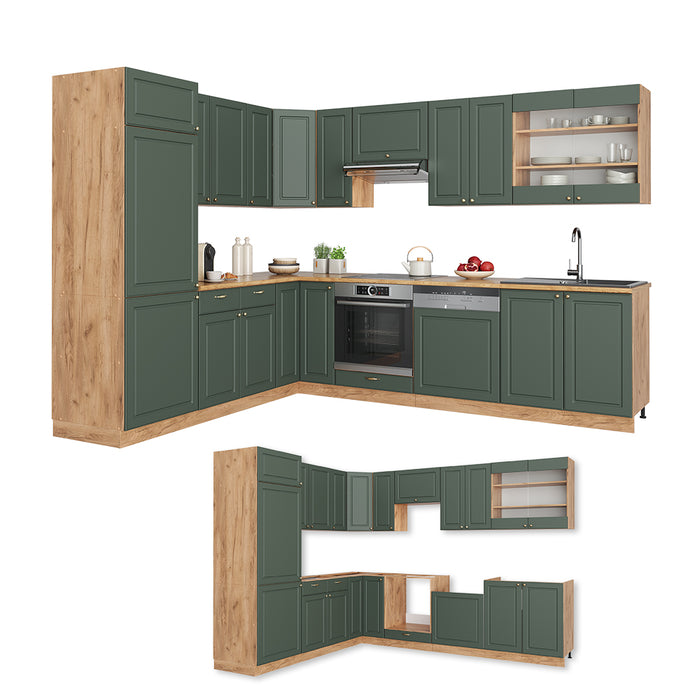 Vicco Cucina angolare completa Quercia verde-oro Country/oro Power 227 x 287 cm , PL Marmo