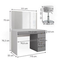 Vicco Tavolo da toeletta Bianco/grigio/grigio 115 cm con sgabello