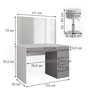 Vicco Tavolo da toeletta Bianco/grigio/grigio 115 cm con sgabello