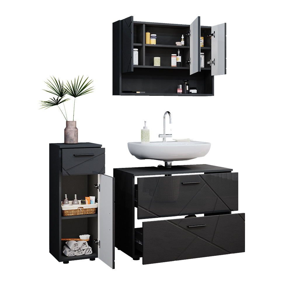 Vicco Set mobili bagno Antracite lucido 3 parti, con cassettiera e mobile midi
