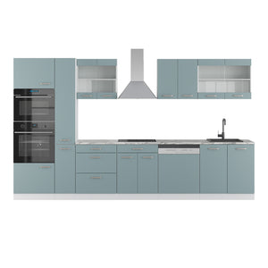 Vicco Cucina componibile Blu-grigio/bianco 350 cm con armadio alto, PL Marmo
