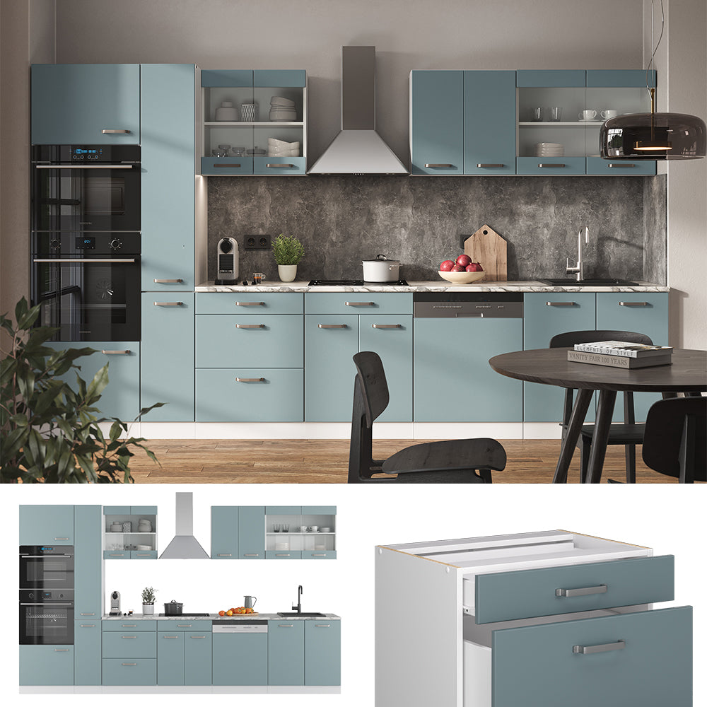 Vicco Cucina componibile Blu-grigio/bianco 350 cm con armadio alto, senza piano di lavoro