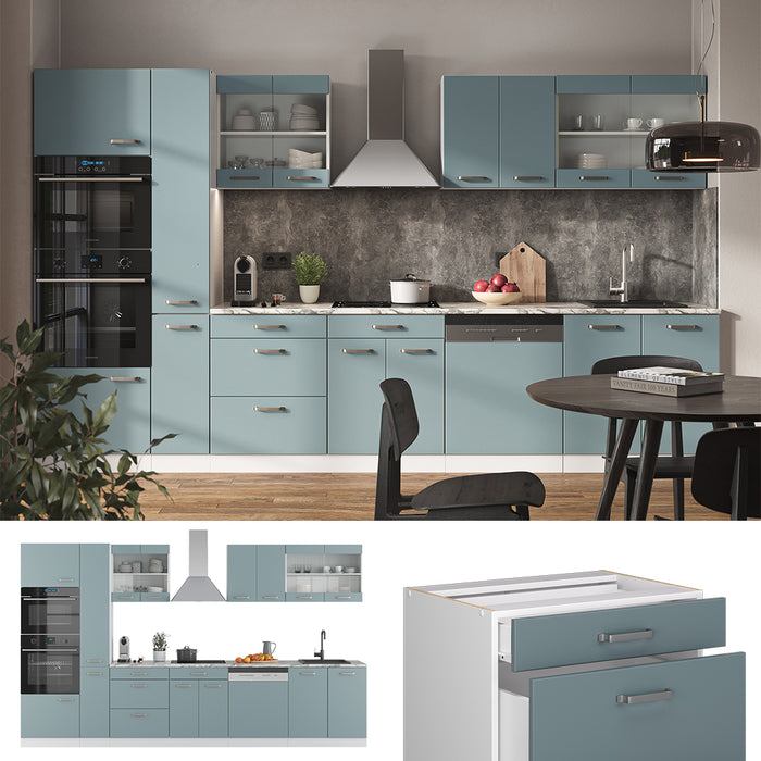 Vicco Cucina componibile Blu-grigio/bianco 350 cm con armadio alto, senza piano di lavoro