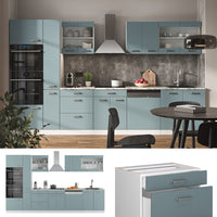 Vicco Cucina componibile Blu-grigio/bianco 350 cm con armadio alto, PL Rovere