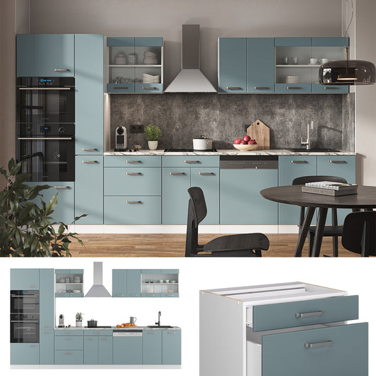 Vicco Cucina componibile Blu-grigio/bianco 350 cm con armadio alto, PL Antracite