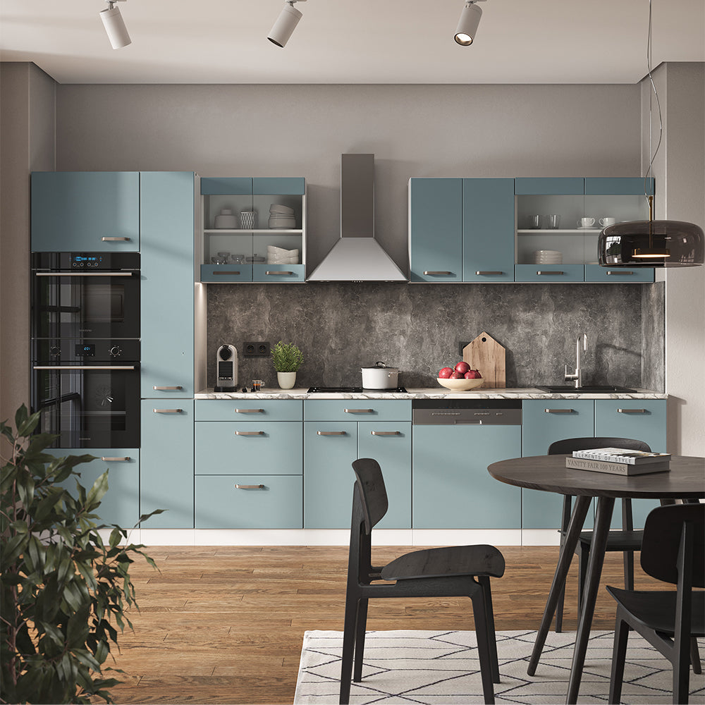 Vicco Cucina componibile Blu-grigio/bianco 350 cm con armadio alto, PL Rovere