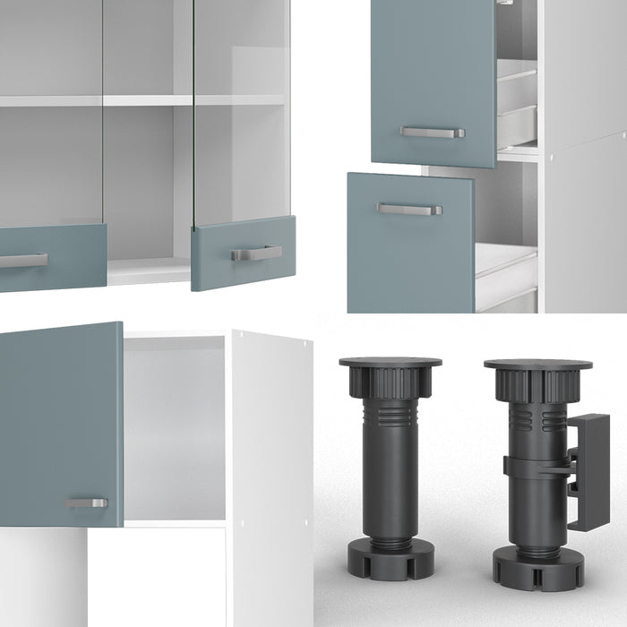 Vicco Cucina componibile Blu-grigio/bianco 350 cm con armadio alto, PL Marmo
