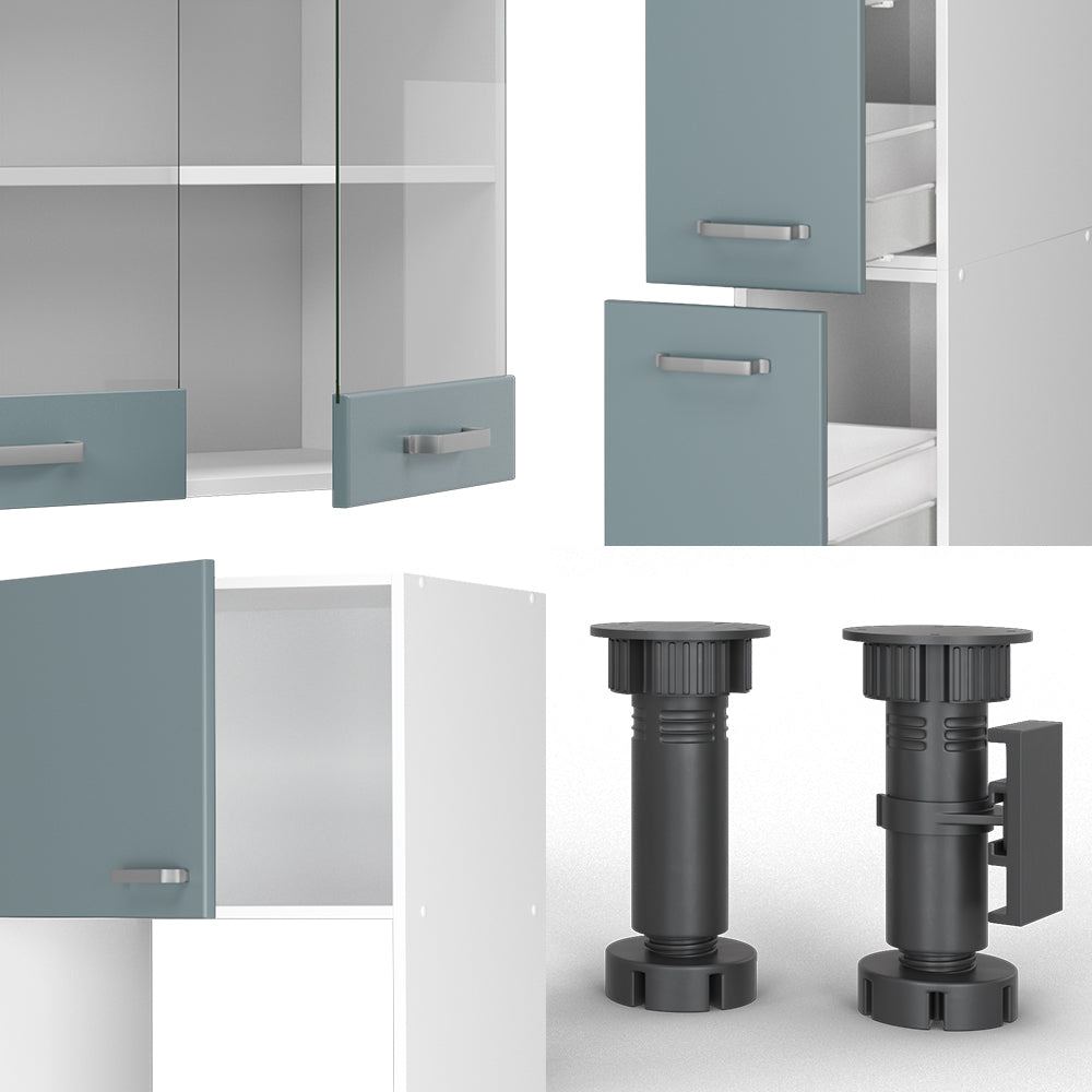Vicco Cucina componibile Blu-grigio/bianco 350 cm con armadio alto, senza piano di lavoro