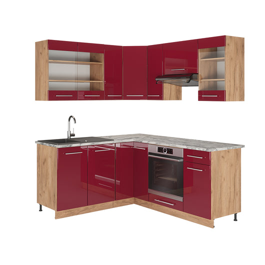 Vicco Cucina angolare completa Bordeaux lucido/rovere dorato 160 x 60 cm senza piano di lavoro