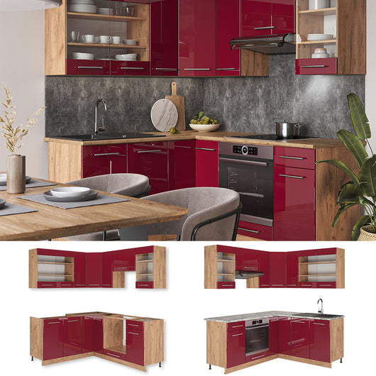 Vicco Cucina angolare completa Bordeaux lucido/rovere dorato 160 x 60 cm senza piano di lavoro