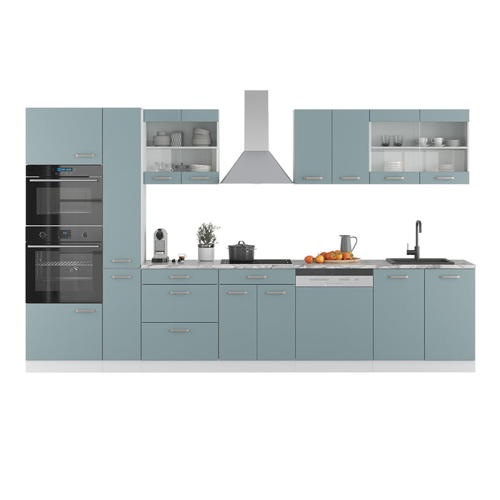 Vicco Cucina componibile Blu-grigio/bianco 350 cm con armadio alto, PL Rovere