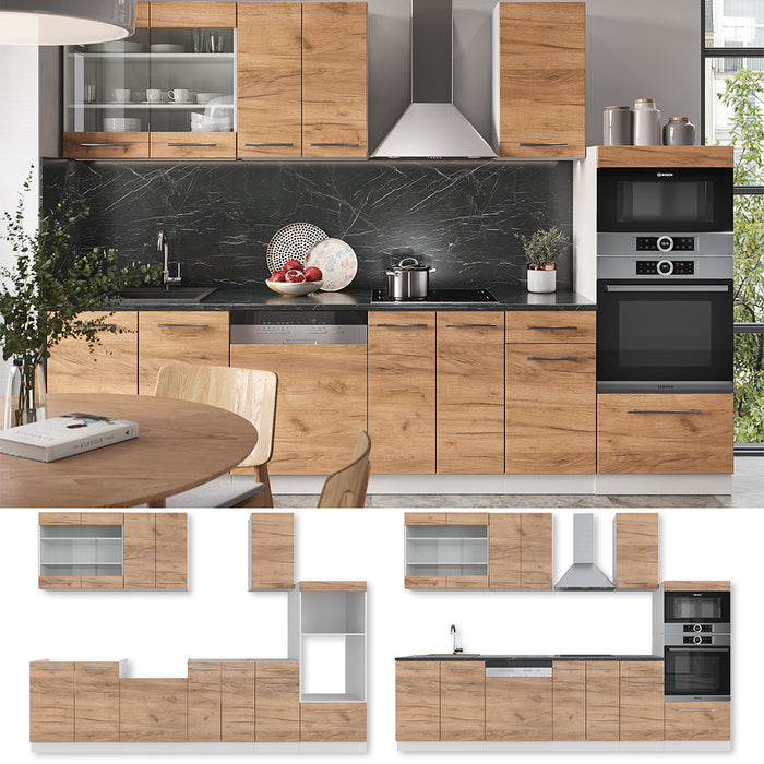 Vicco Cucina componibile Quercia dorata/bianco 300 cm con armadio alto, PL Antracite