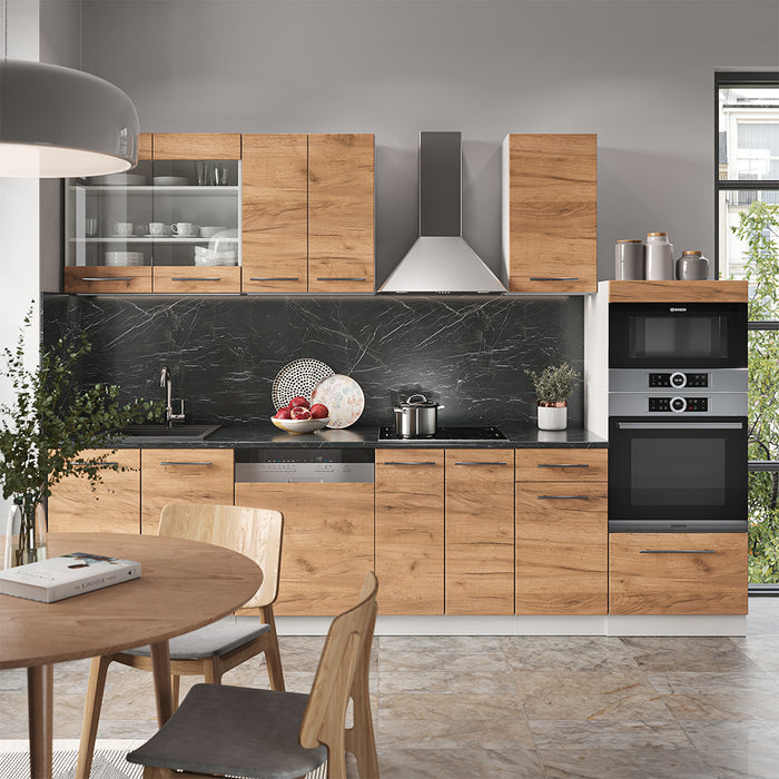 Vicco Cucina componibile Quercia dorata/bianco 300 cm con armadio alto, PL Marmo