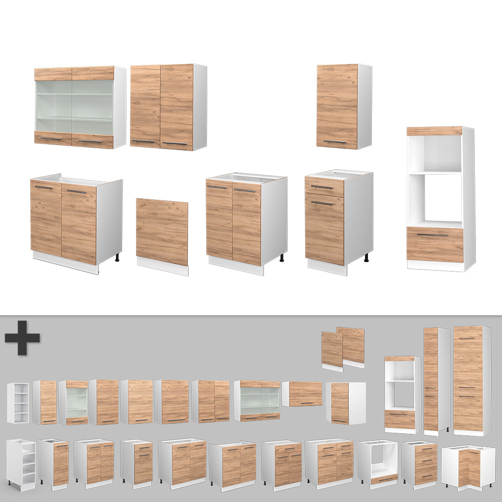 Vicco Cucina componibile Quercia dorata/bianco 300 cm con armadio alto, PL Marmo