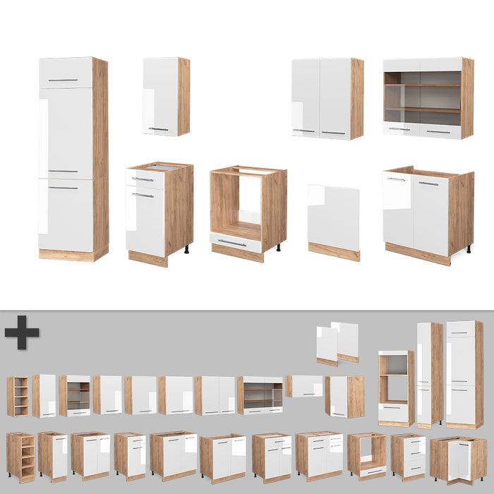 Vicco Cucina componibile Bianco lucido/oro power oak 300 cm senza piano di lavoro