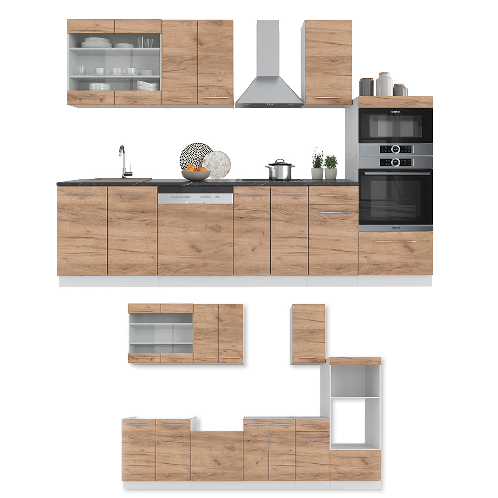 Vicco Cucina componibile Quercia dorata/bianco 300 cm con armadio alto, PL Antracite