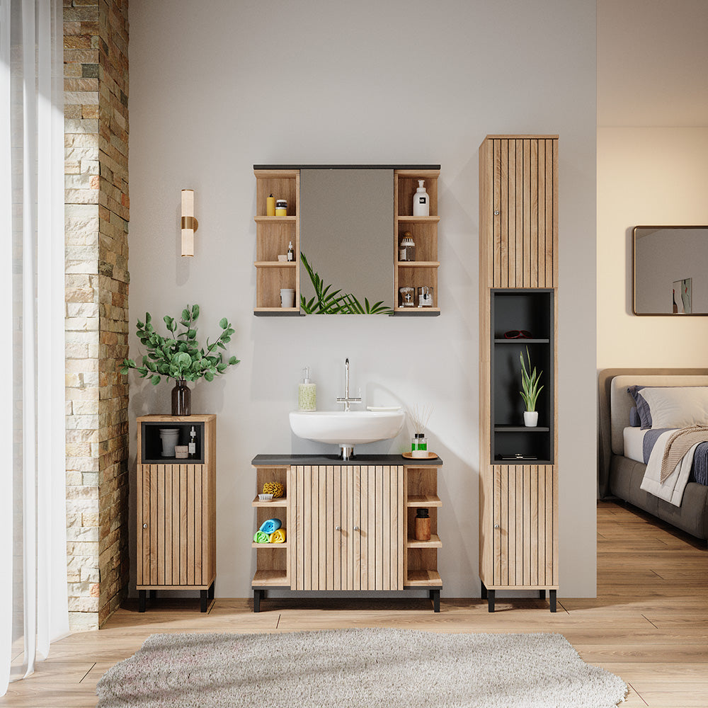 Vicco Armadio per il bagno Marrone 30 x 190 cm con ante e vani a giorno