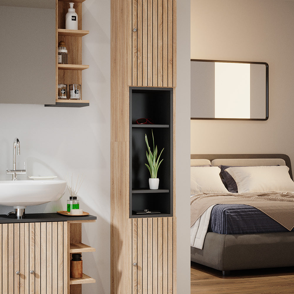 Vicco Armadio per il bagno Marrone 30 x 190 cm con ante e vani a giorno