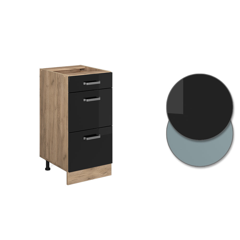 Vicco Mobiletto base per cucina Nero lucido 40 cm con cassetti, senza piano di lavoro