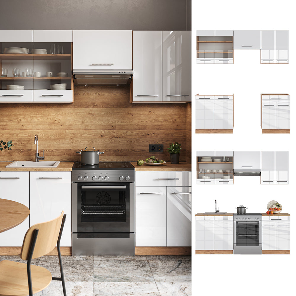 Vicco Cucina componibile Bianco lucido/oro power oak 200 cm , PL Marmo