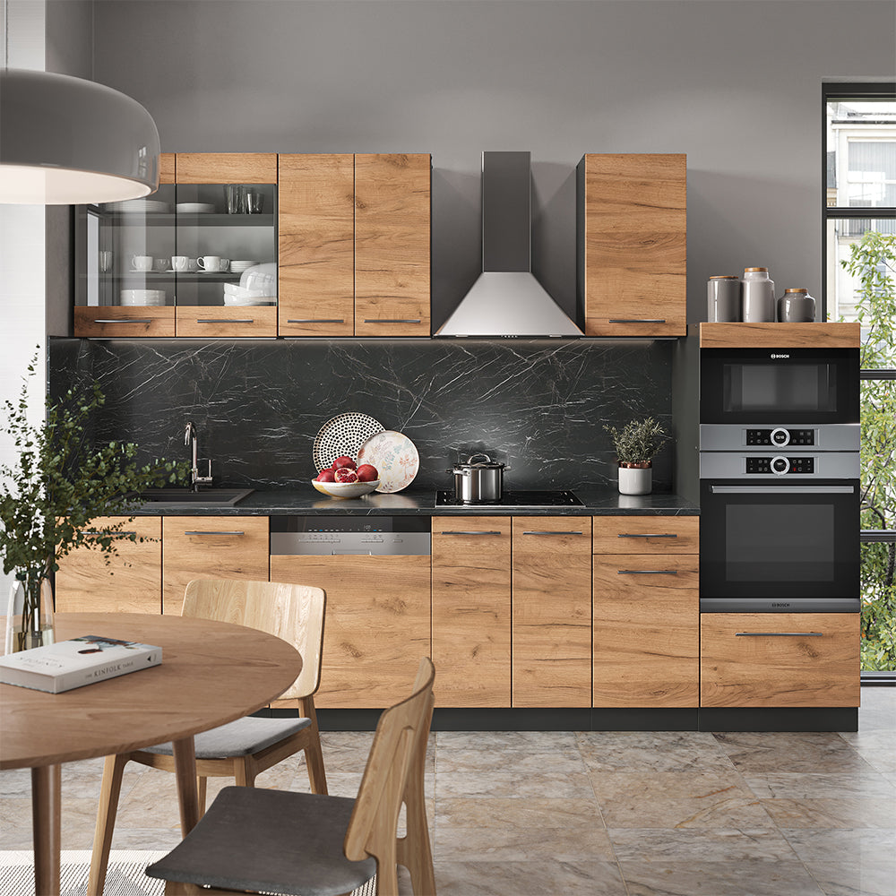 Vicco Cucina componibile Quercia dorata/antracite 300 cm con armadio alto, PL Rovere
