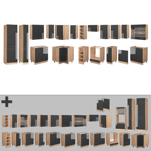 Vicco Cucina angolare completa Antracite lucido/oro power oak 347 x 257 cm senza piano di lavoro