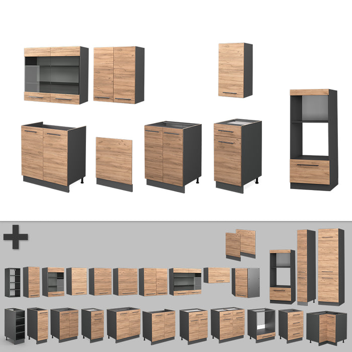 Vicco Cucina componibile Quercia dorata/antracite 300 cm con armadio alto, PL Rovere
