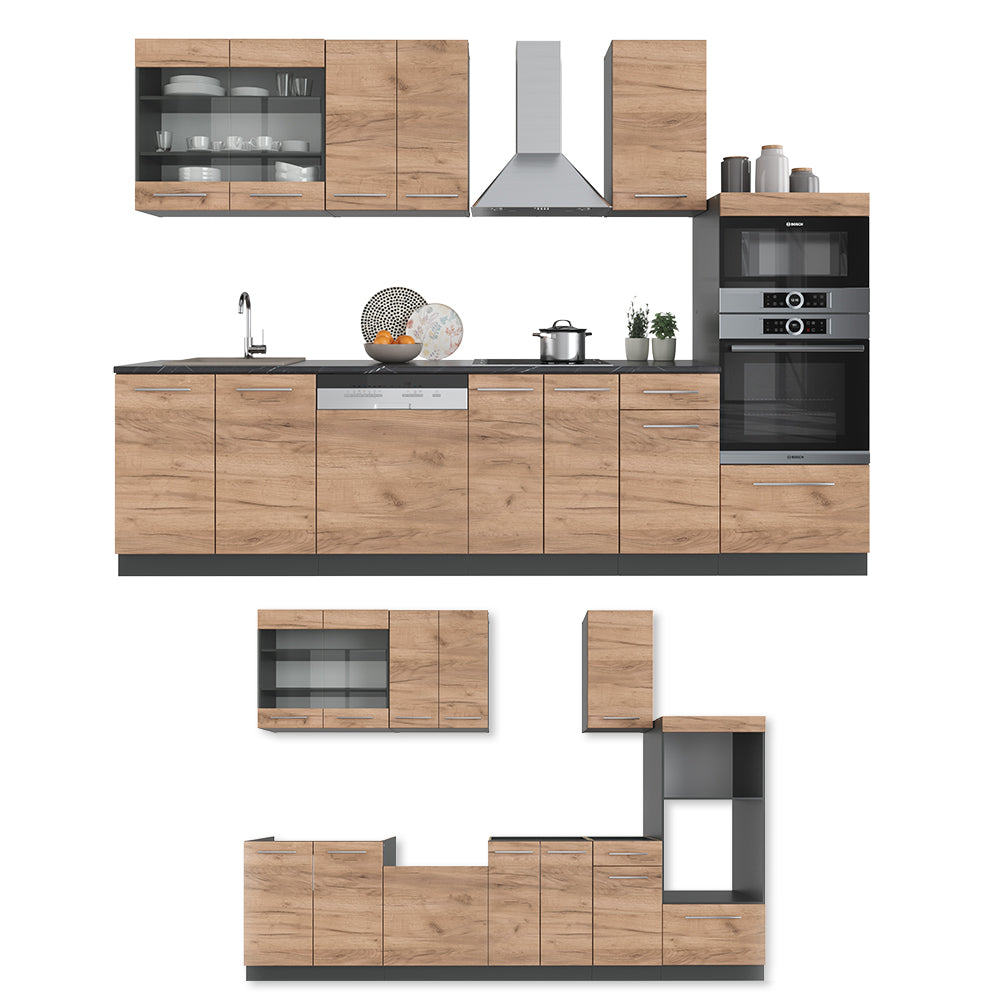Vicco Cucina componibile Quercia dorata/antracite 300 cm con armadio alto, PL Antracite