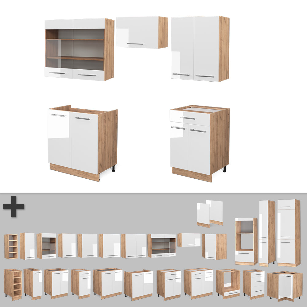 Vicco Cucina componibile Bianco lucido/oro power oak 200 cm , PL Marmo