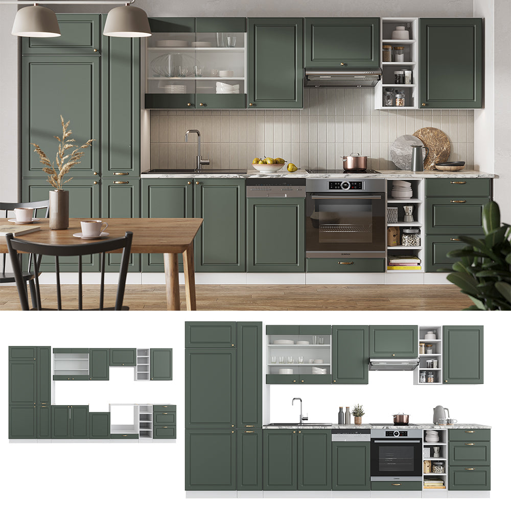 Vicco Cucina componibile Verde-oro Country House/Bianco 355 cm senza piano di lavoro