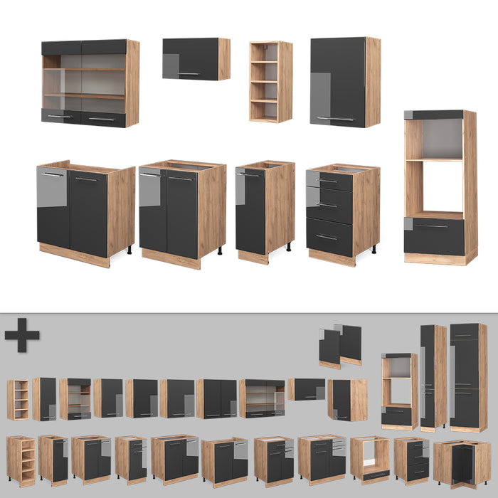 Vicco Cucina componibile Antracite lucido/oro power oak 280 cm senza piano di lavoro