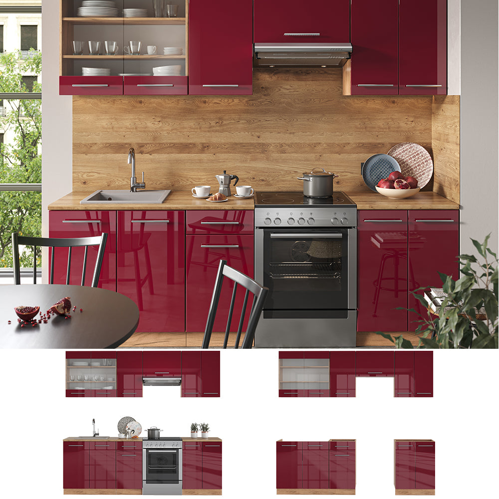 Vicco Cucina componibile Bordeaux lucido/rovere dorato 240 cm , PL Antracite