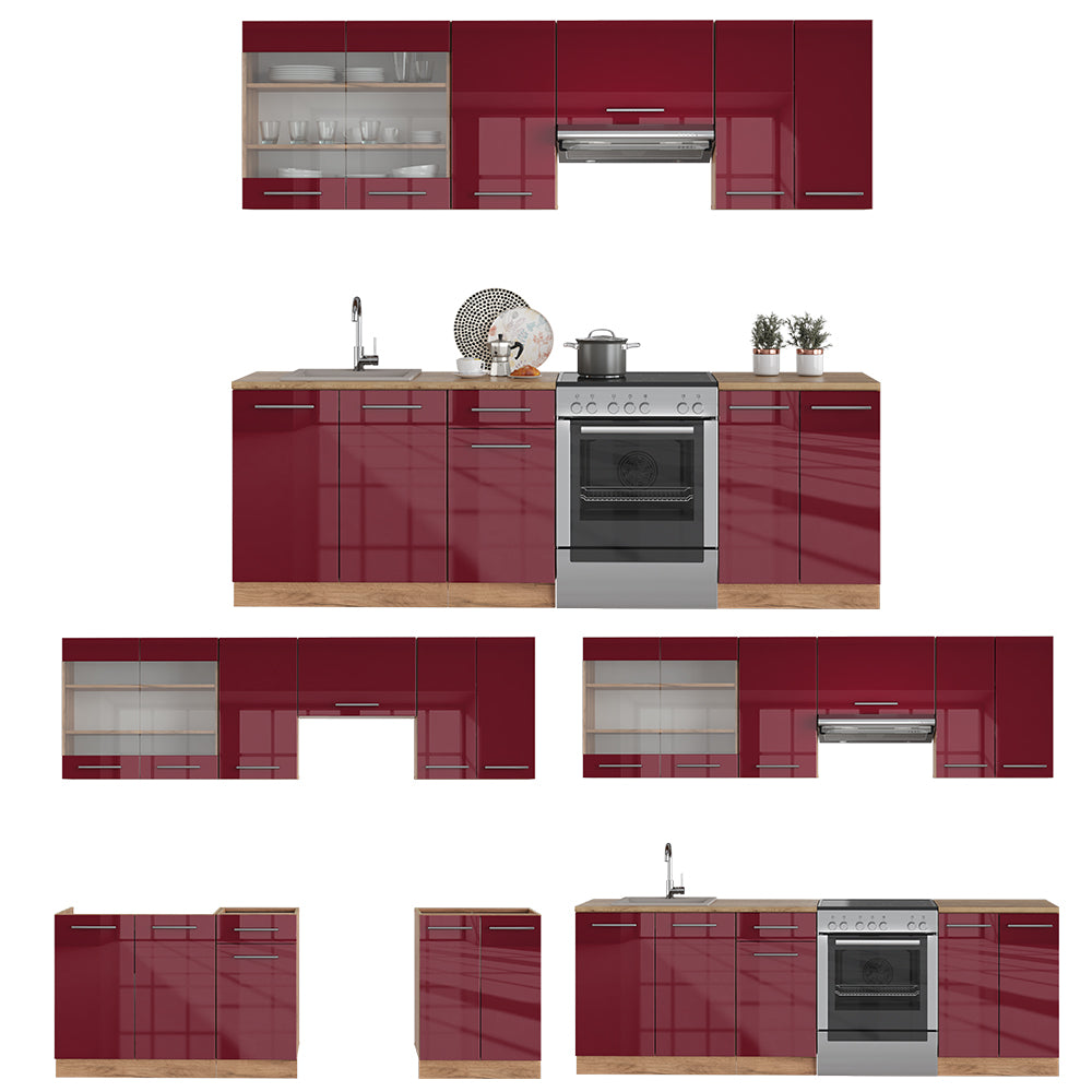 Vicco Cucina componibile Bordeaux lucido/rovere dorato 240 cm , PL Rovere