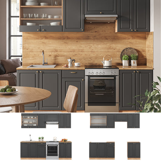 Vicco Cucina componibile Antracite Country House/oro Kraft Oak 240 cm senza piano di lavoro