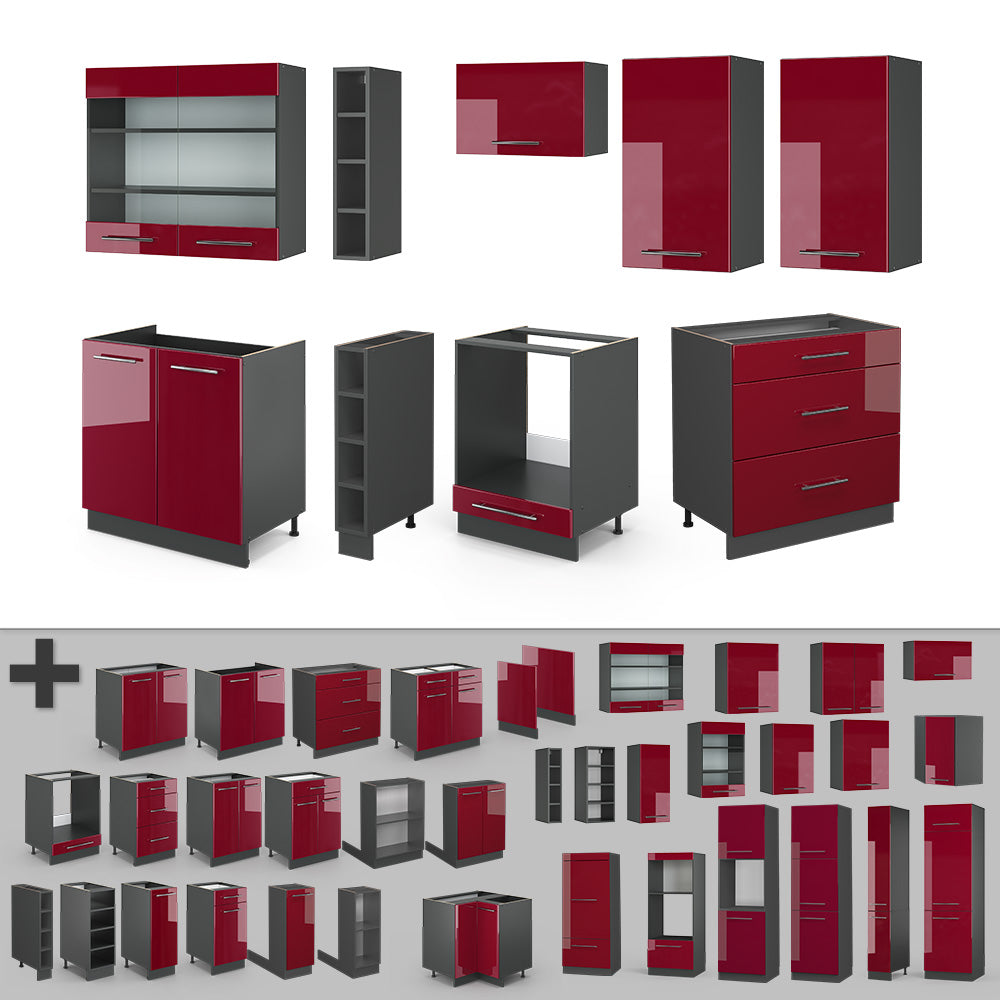 Vicco Cucina componibile Bordeaux lucido/antracite 235 cm senza piano di lavoro