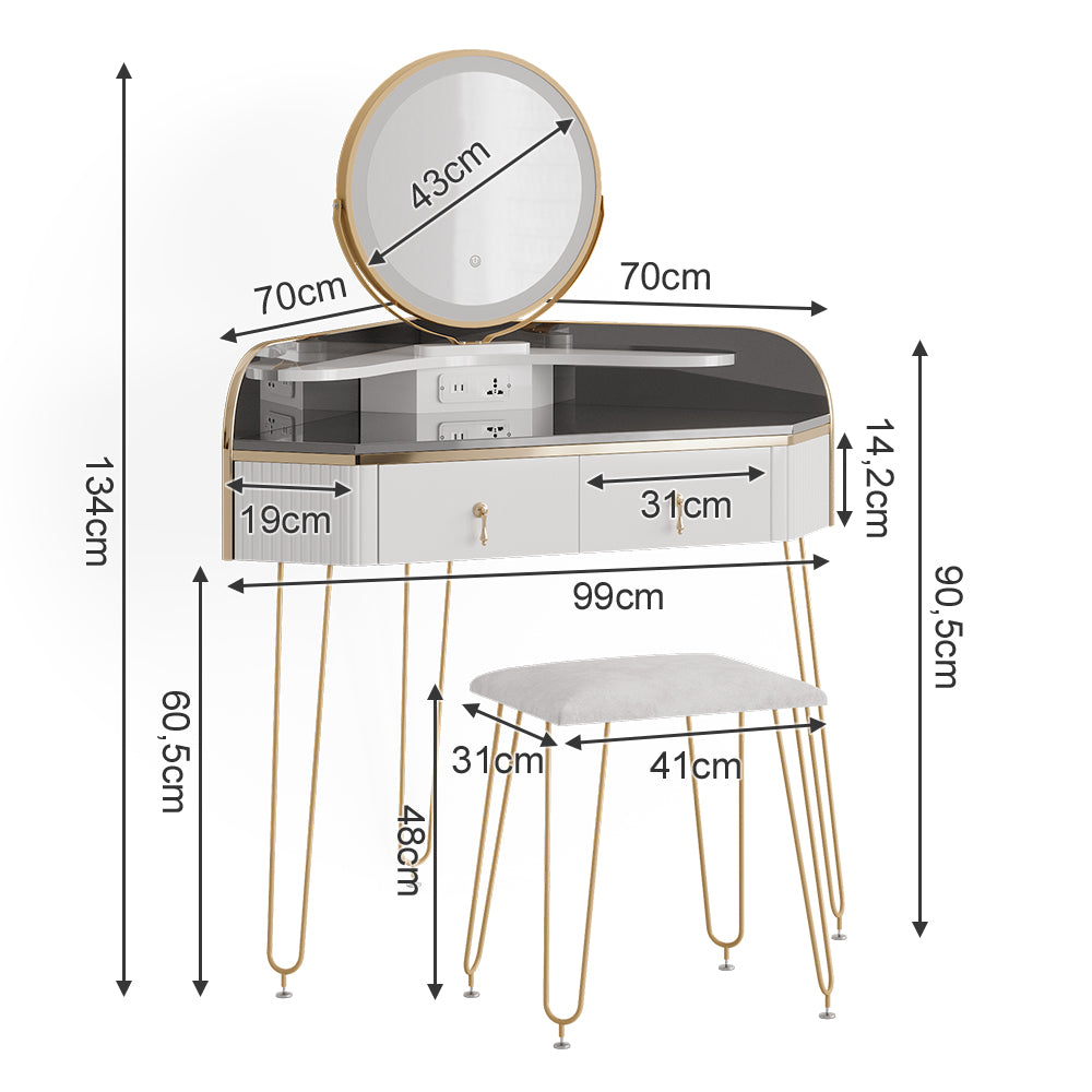 Vicco Tavolo da trucco ad angolo Bianco lucido 99 cm con specchio LED, sgabello e USB