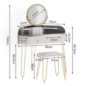 Vicco Tavolo da trucco ad angolo Bianco lucido 99 cm con specchio LED, sgabello e USB