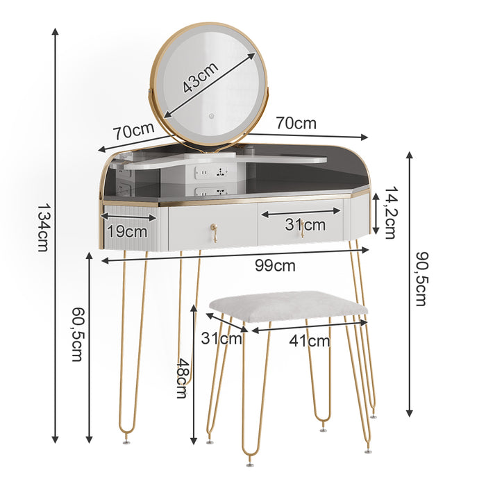 Vicco Tavolo da trucco ad angolo Bianco lucido 99 cm con specchio LED, sgabello e USB