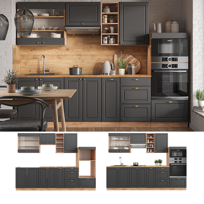 Vicco Cucina componibile Antracite Country House/oro Kraft Oak 280 cm senza piano di lavoro