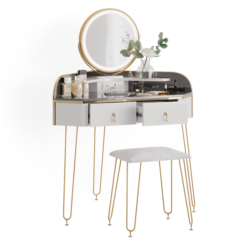 Vicco Tavolo da trucco ad angolo Bianco lucido 99 cm con specchio LED, sgabello e USB