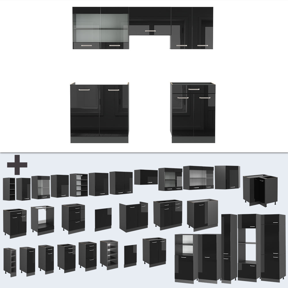 Vicco Cucina componibile Nero lucido/antracite 200 cm senza piano di lavoro
