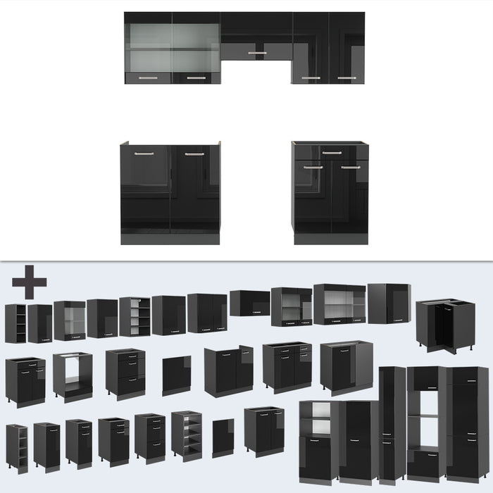 Vicco Cucina componibile Nero lucido/antracite 200 cm senza piano di lavoro