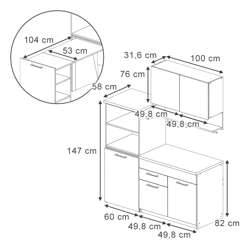 Vicco Cucina monoblocco Grigio 160 cm con tavolo allungabile con striscia LED