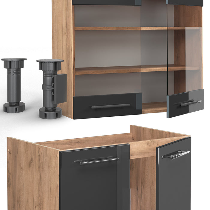 Vicco Cucina componibile Antracite lucido/oro power oak 235 cm senza piano di lavoro